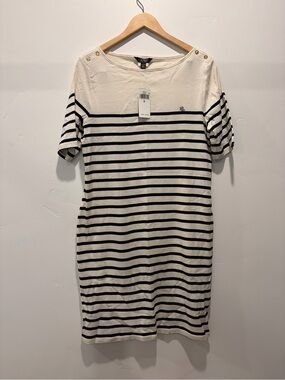 Ralph Lauren Cream and Navy Striped Midi Boatneck Dress